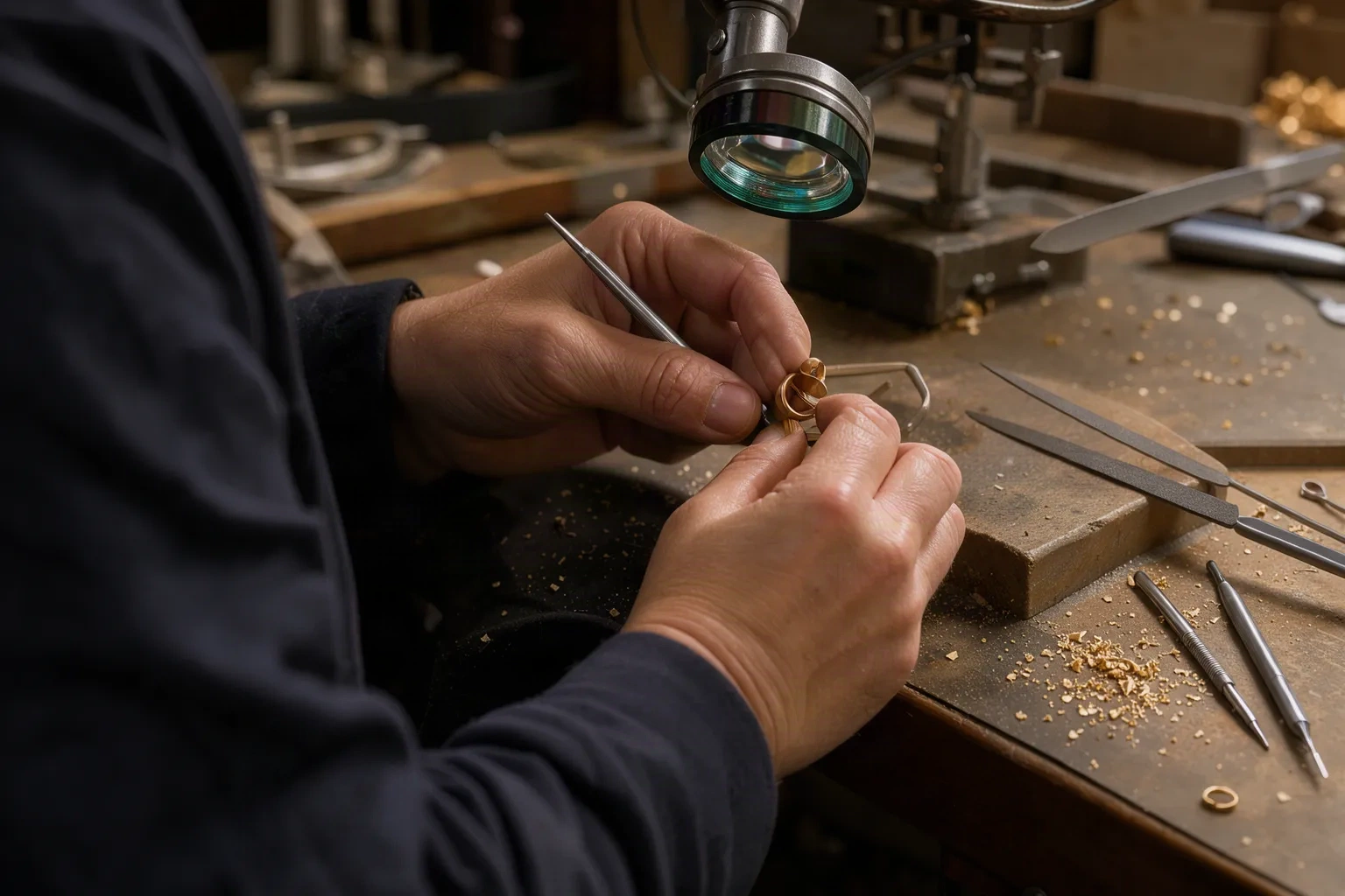 Mains d'un artisan bijoutier travaillant une pièce à l'établi