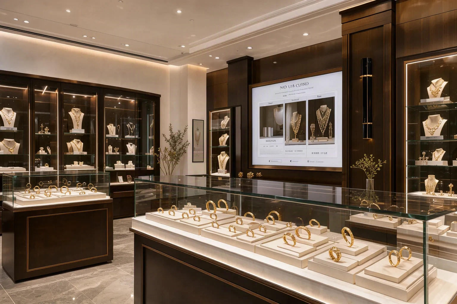 Vitrine de bijouterie avec écran présentant une boutique en ligne
