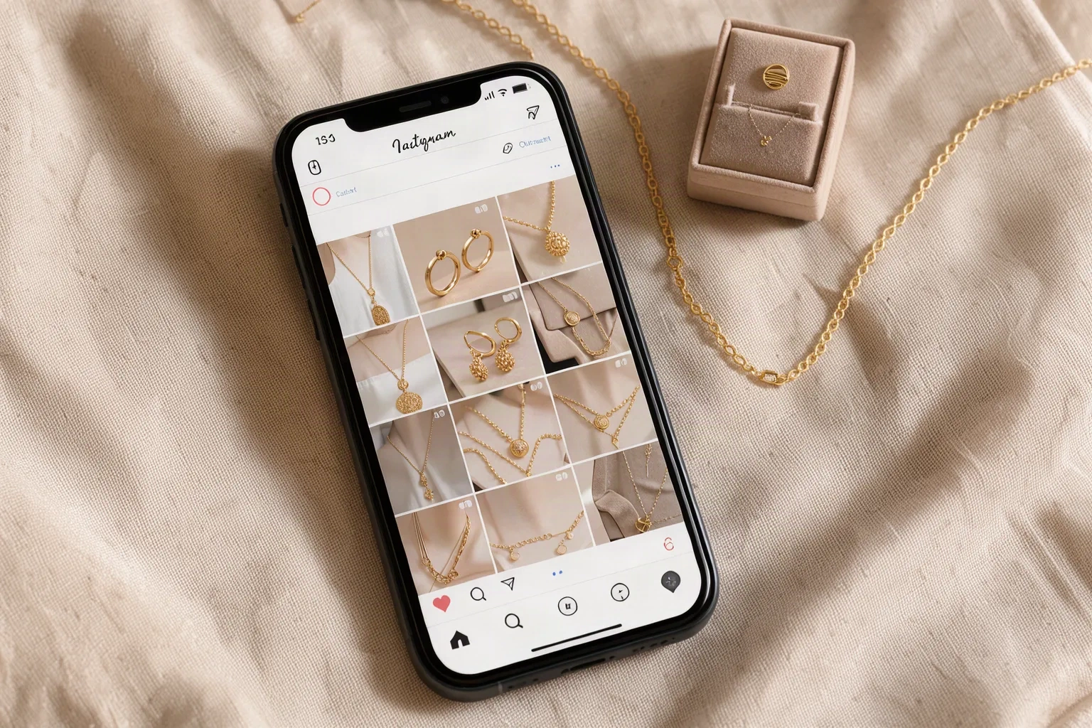 Smartphone avec une grille de publications de bijoux sur Instagram